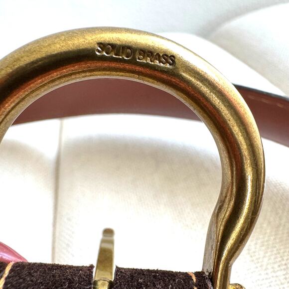 J. Hilburn Men's Brown Suede Orange Contrast Stitch Brass Buckle Belt Size 34 - Picture 2 of 10